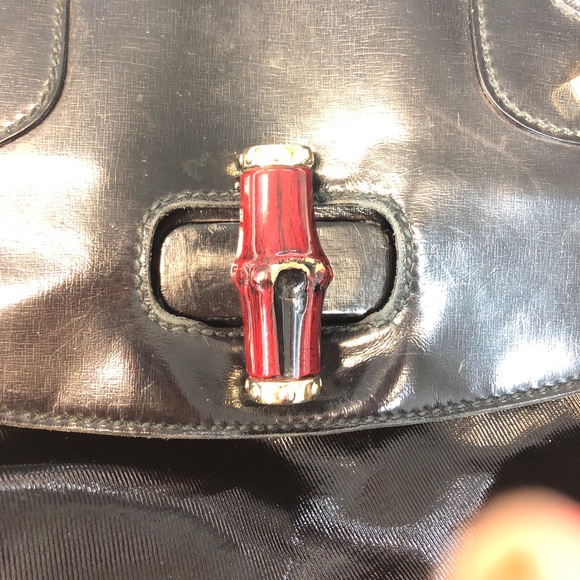 Gucci black pattern leather red bamboo handle - Picture 6 of 8